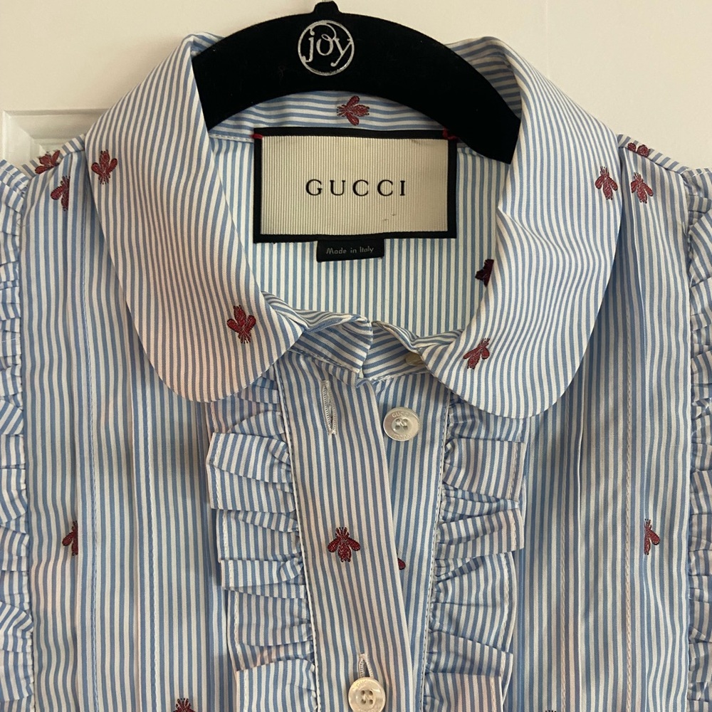 Gucci Light Blue Shirt with Red Embroidery of bees